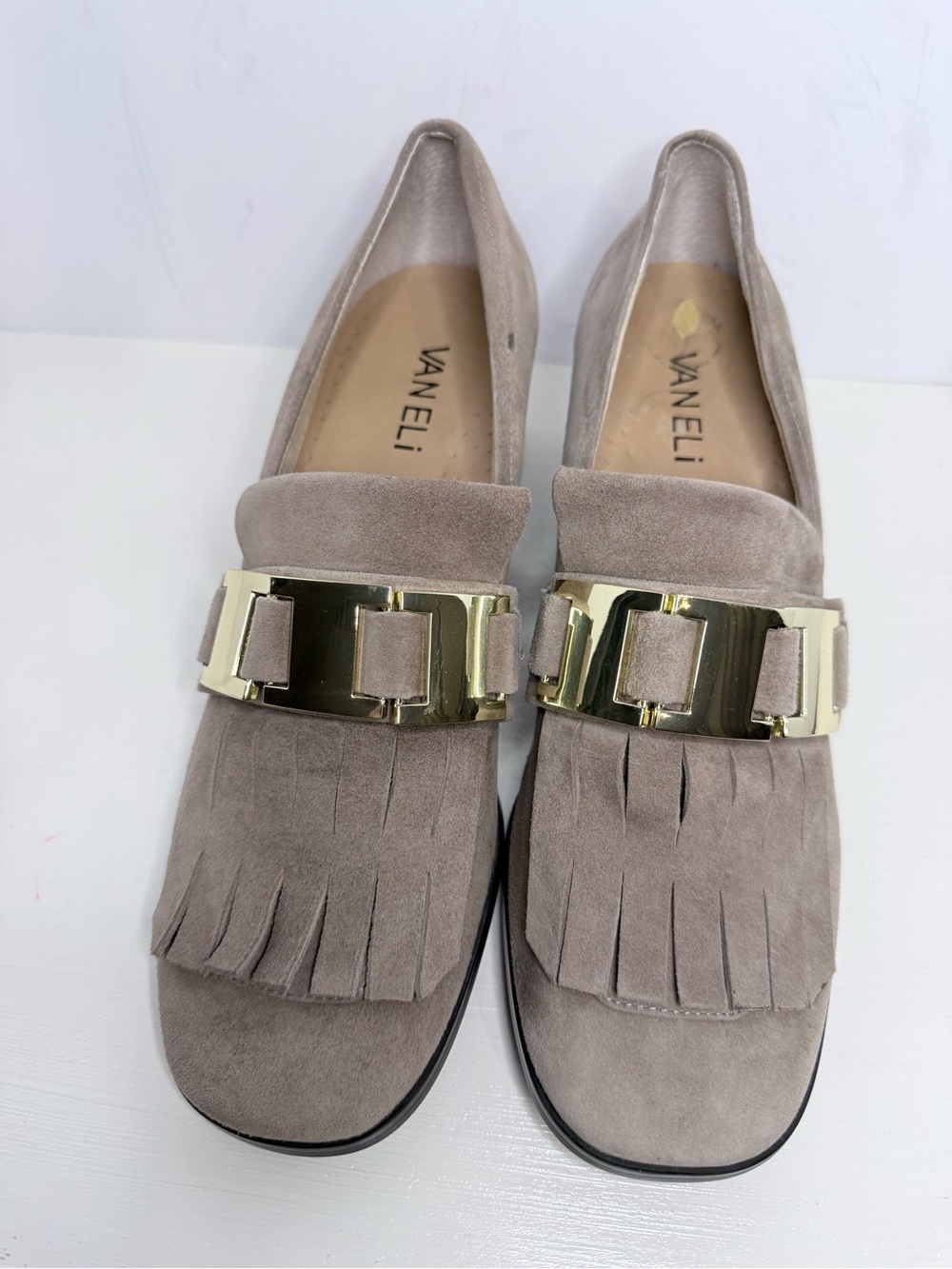 Vaneli Taupe Suede Fringe Loafers with Gold Hardware Block Heel 7.5